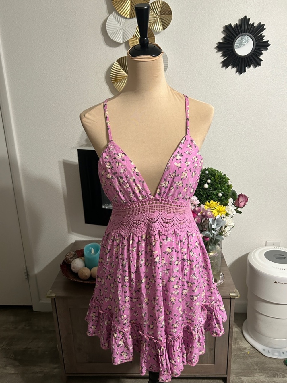 Streetwear Society Pink Floral Crochet-Waist Mini Dress